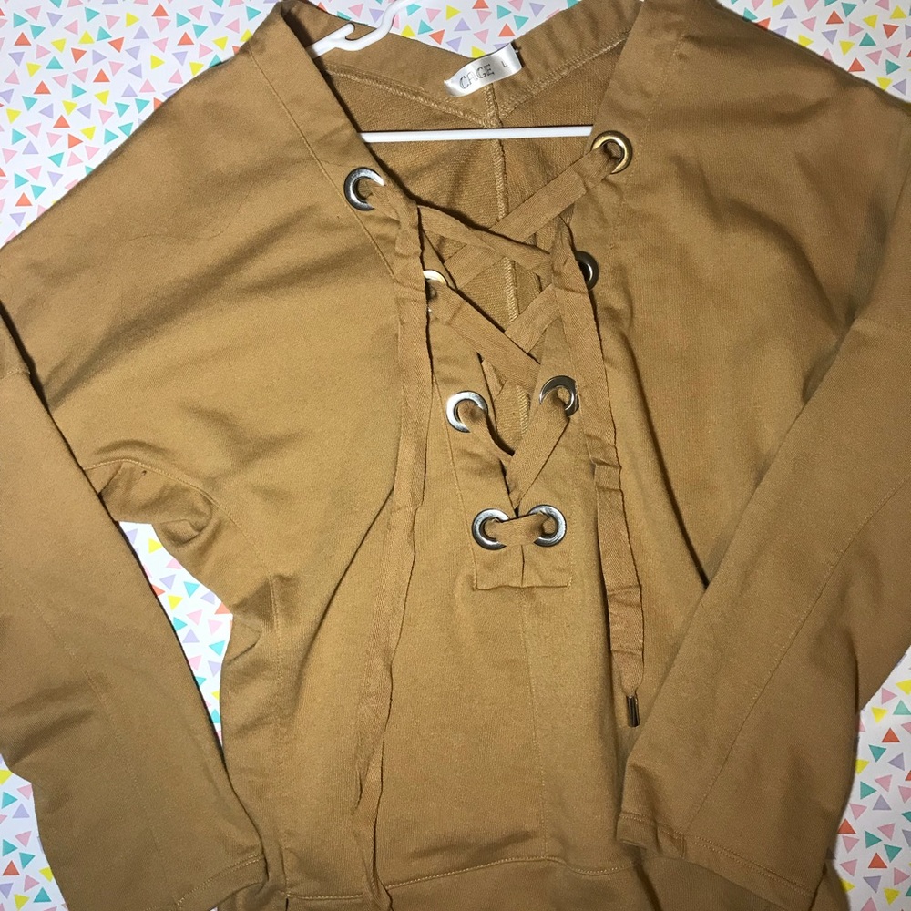 Long sleeve mustard lace up pullover